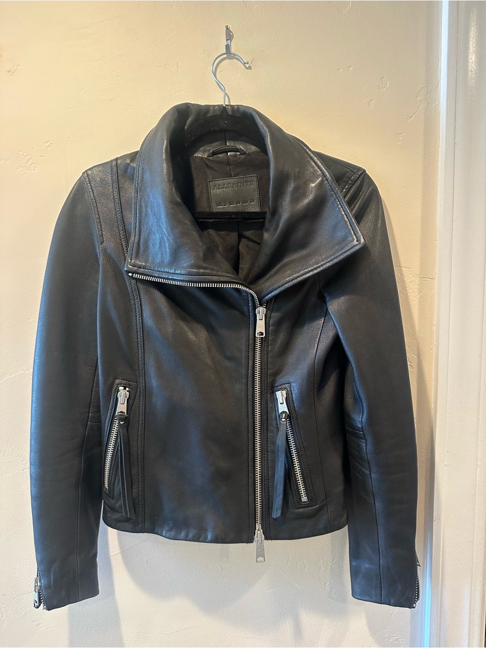 All Saints Black Leather Asymmetrical Zip Jacket